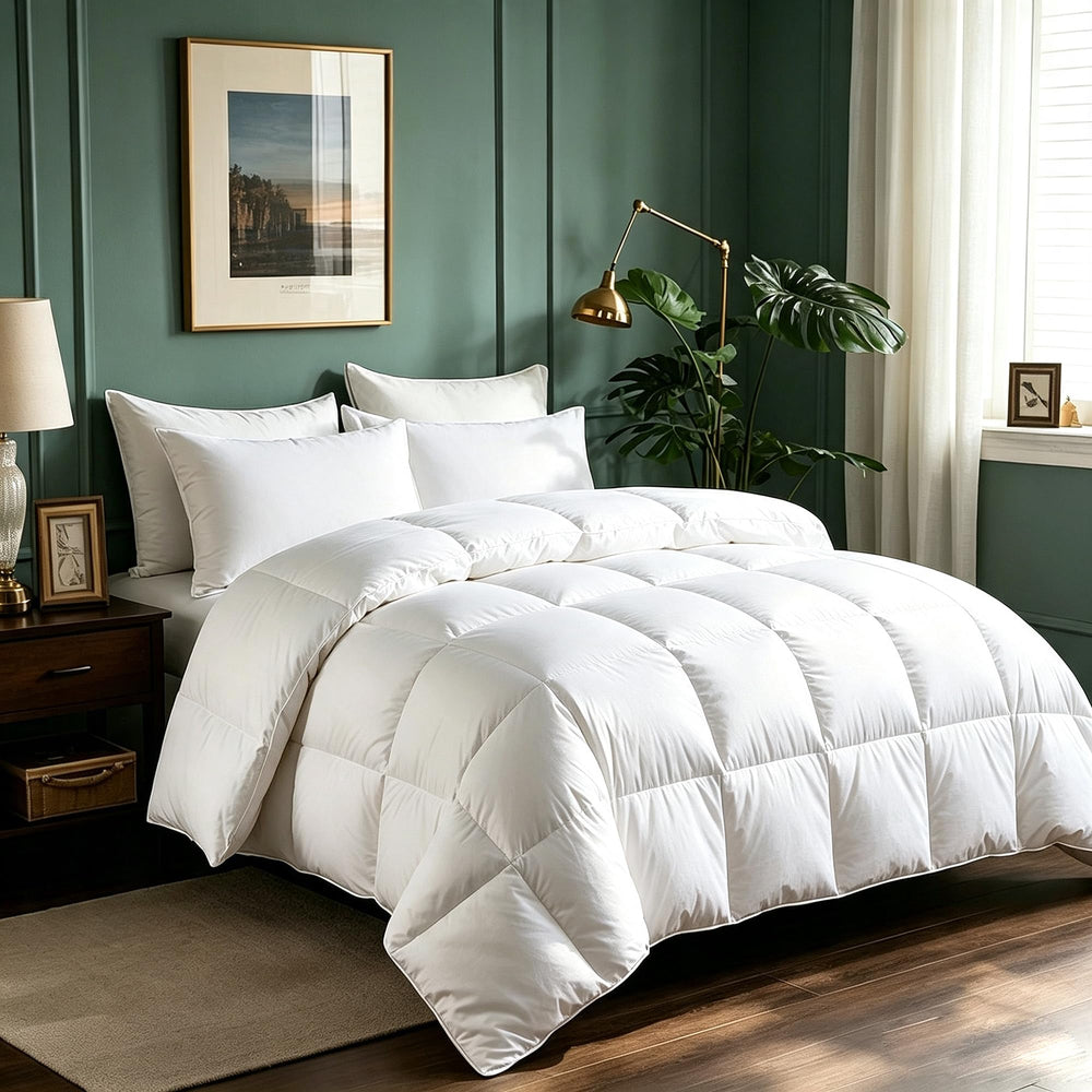Serta couette queen devant sur lit propre offrant confort moelleux