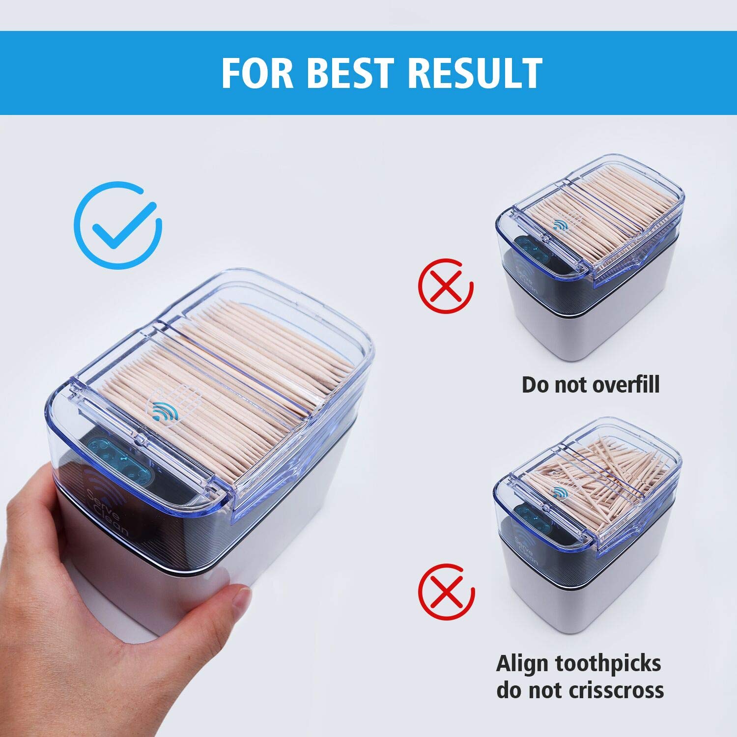 Serve Clean contenu de la boîte avec tong Touch Free et pack de cure-dents