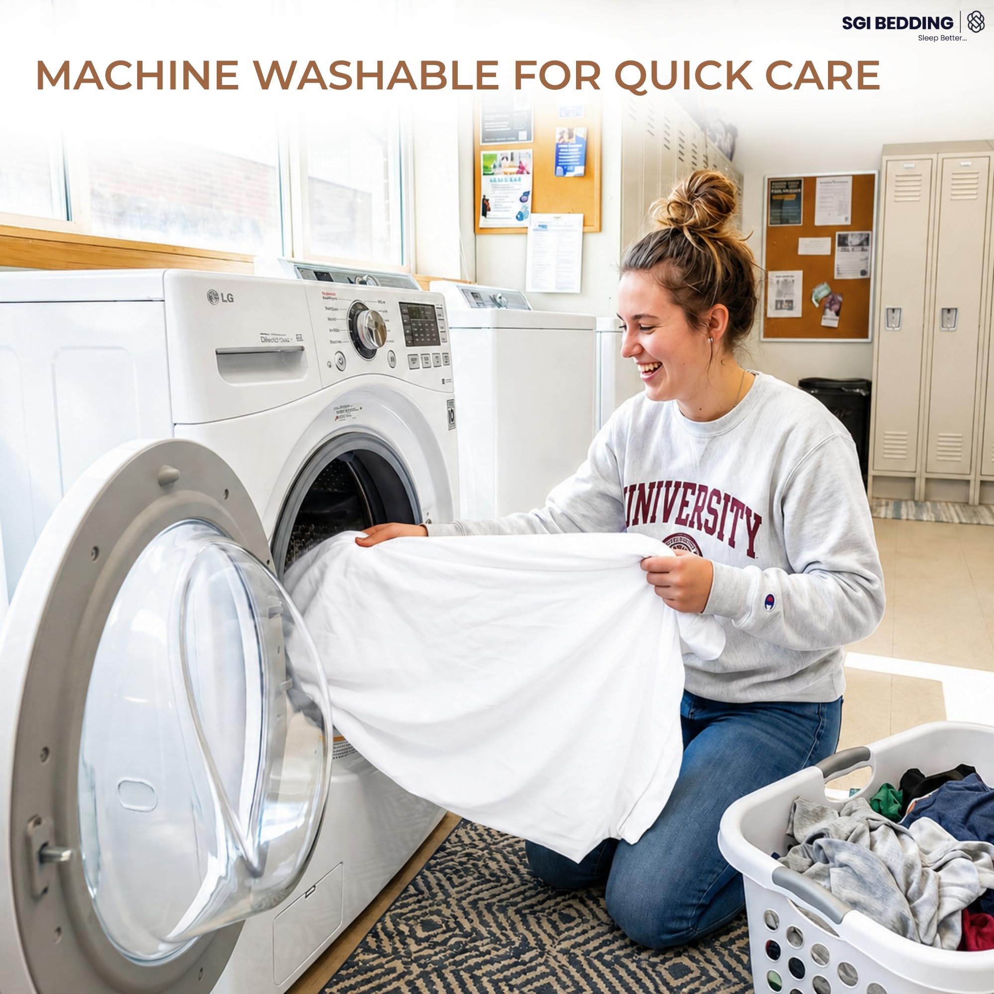 SGI bedding facile d'entretien montrant lavage en machine et séchage