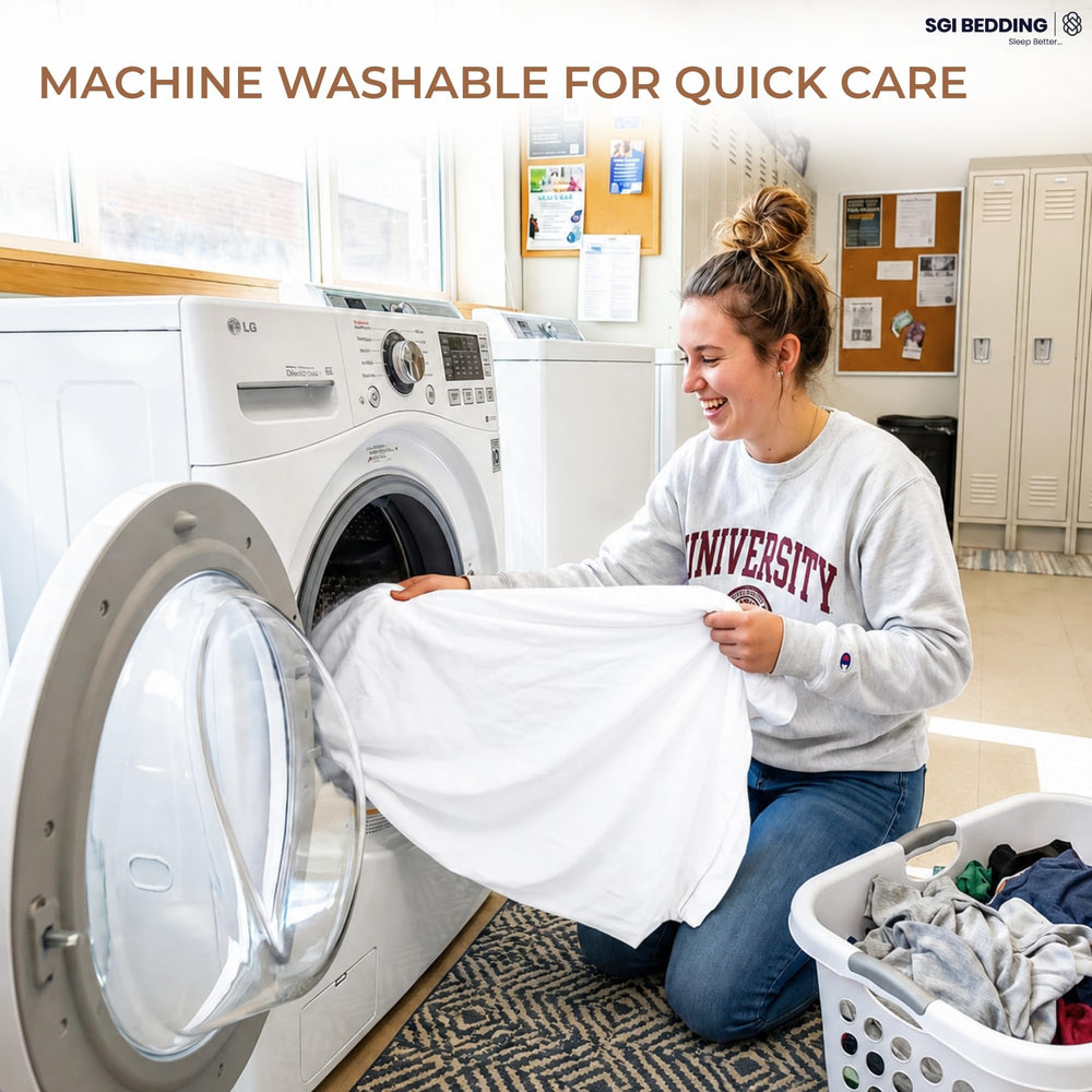SGI bedding facile d'entretien montrant lavage en machine et séchage