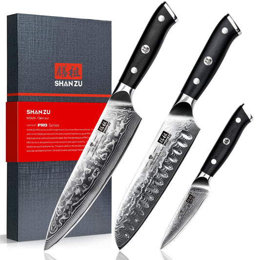 SHAN ZU coffret face avant montrant les trois couteaux et le design élégant