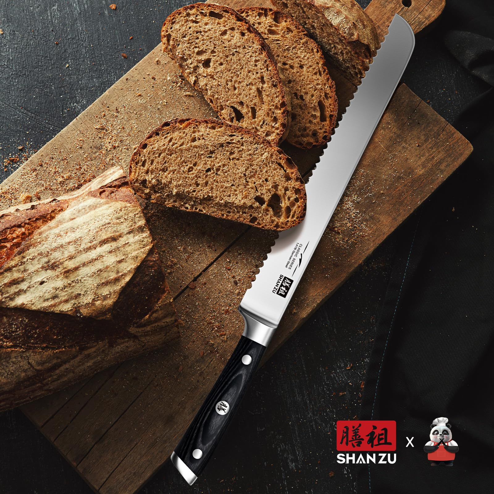 Lame SHAN ZU contre la mie d’un pain au levain, réduction de l’adhérence et tranches propres