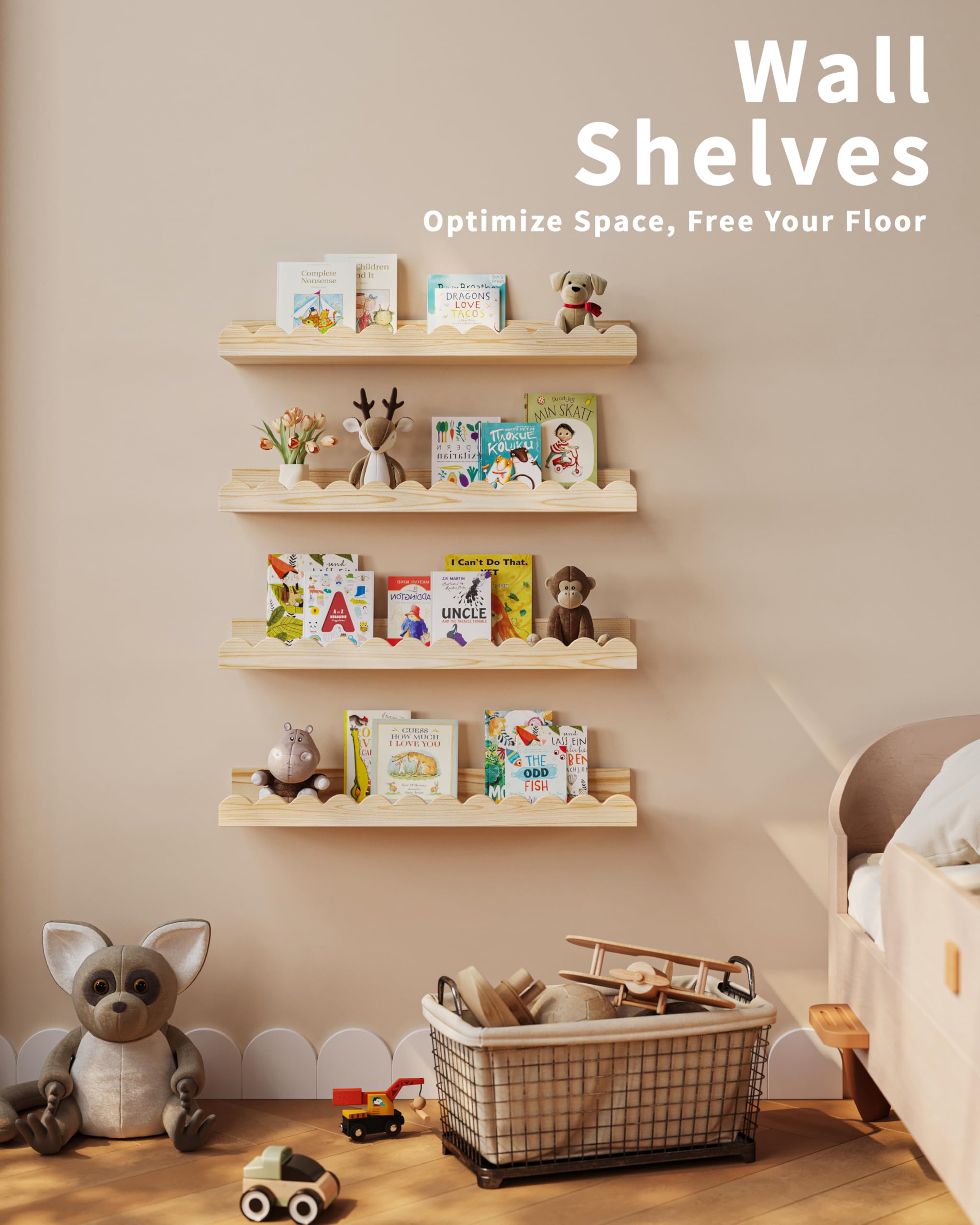 Shario étagères posées dans chambre d'enfant pour décor harmonieux
