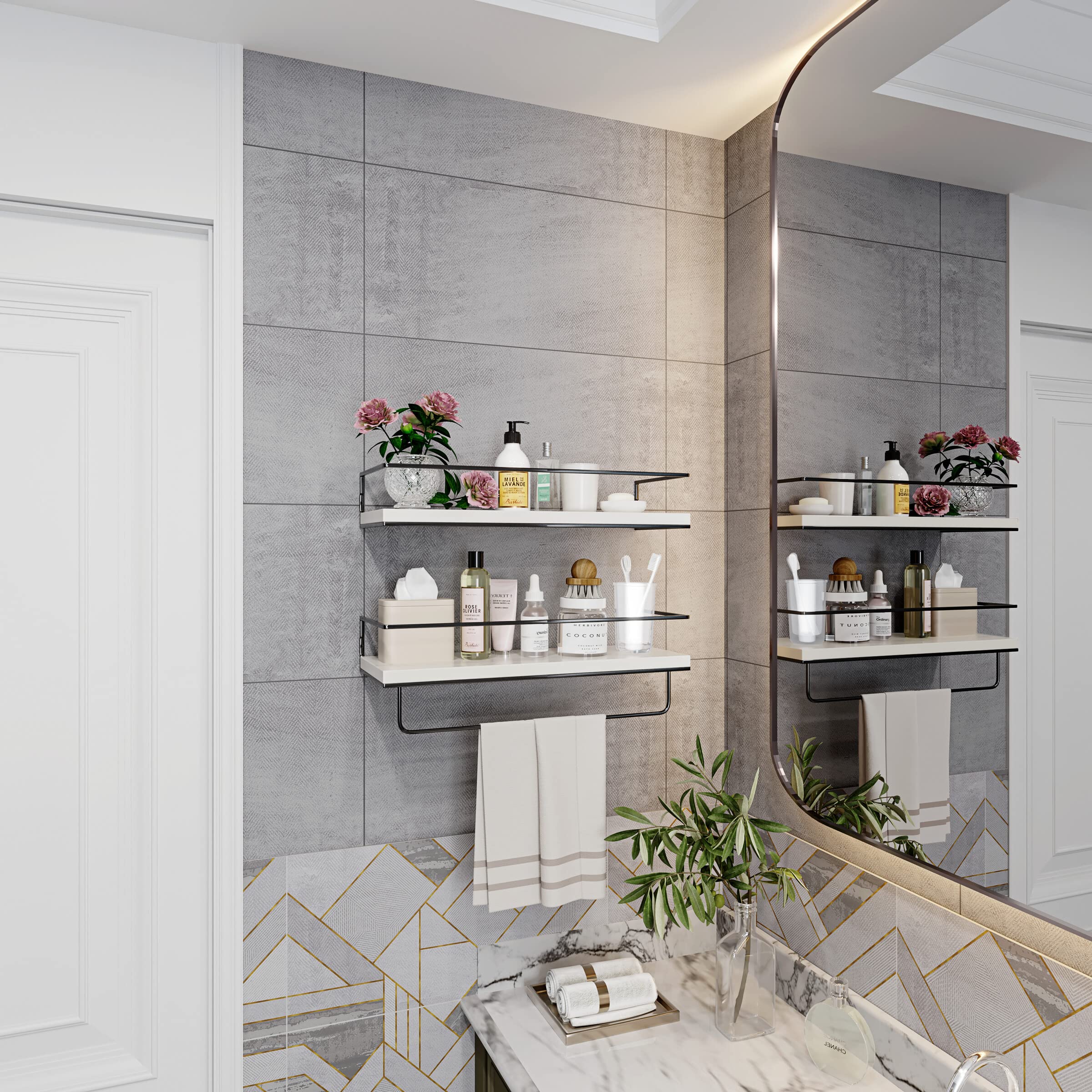 Shario étagère blanche gros plan sur texture bois et finition durable