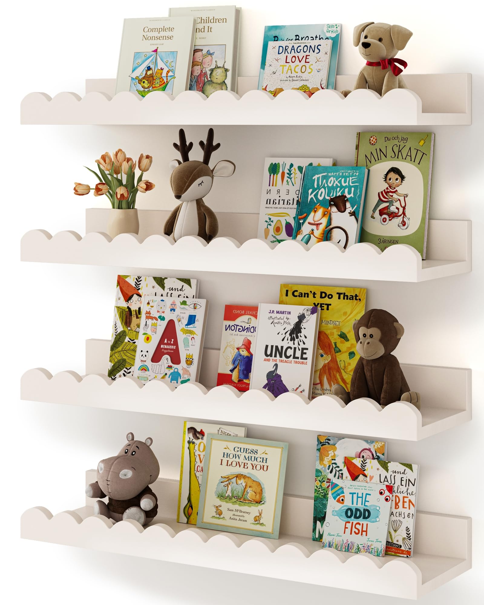 Shario étagère murale pack 4 blanc vue avant montrant rangement organisé