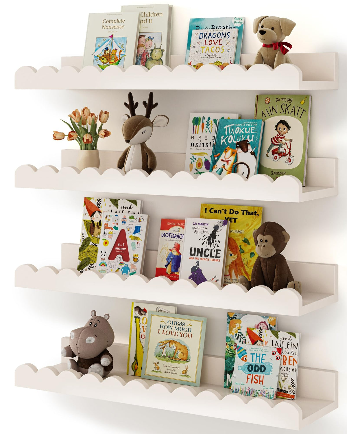 Shario étagère murale pack 4 blanc vue avant montrant rangement organisé