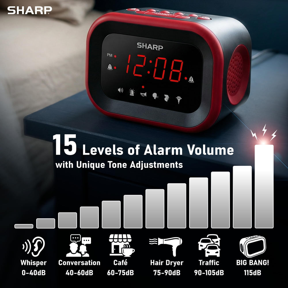 Sharp gros plan haut-parleur illustrant le volume 115dB garantissant un réveil efficace