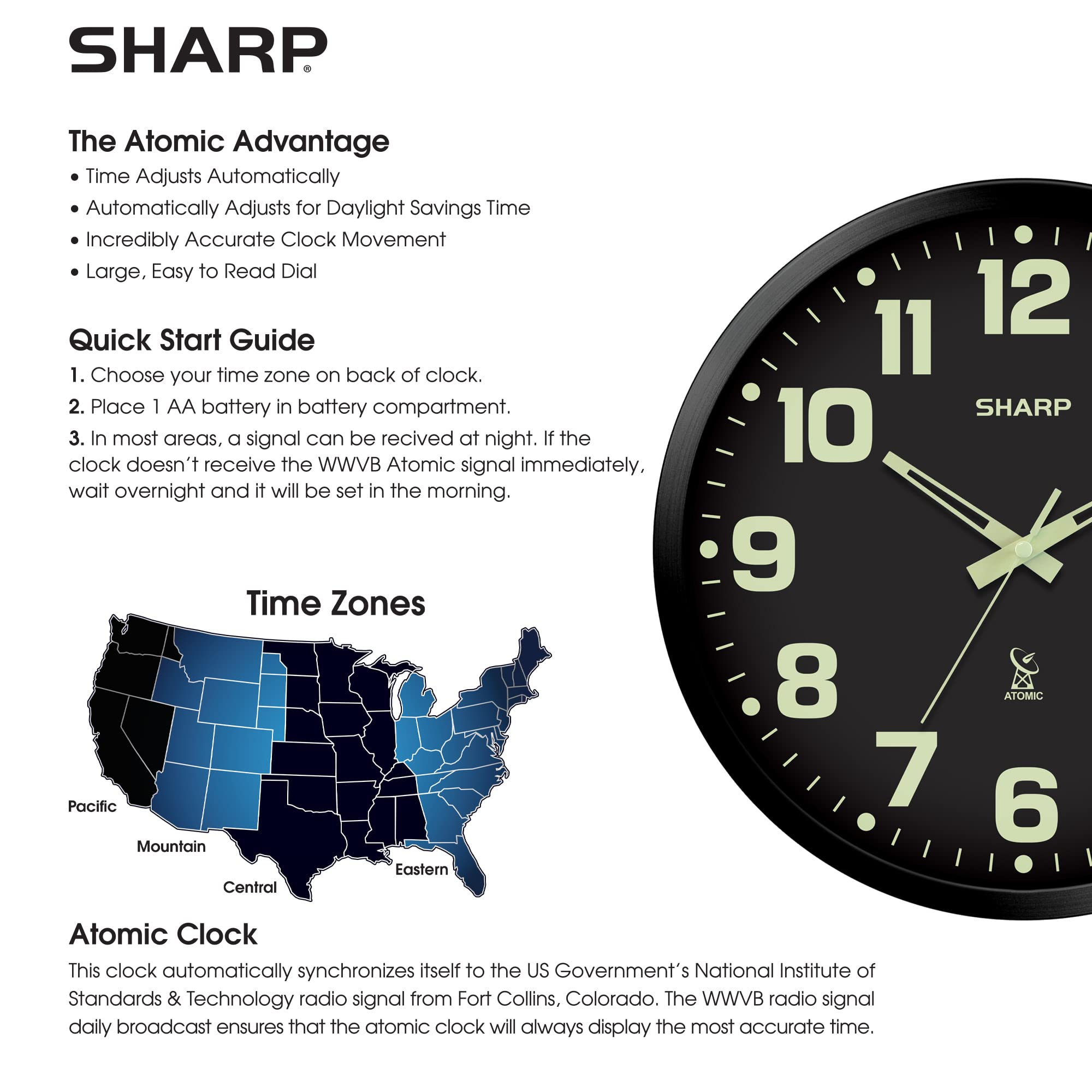 Sharp horloge en usage dans un salon montre l'heure fiable