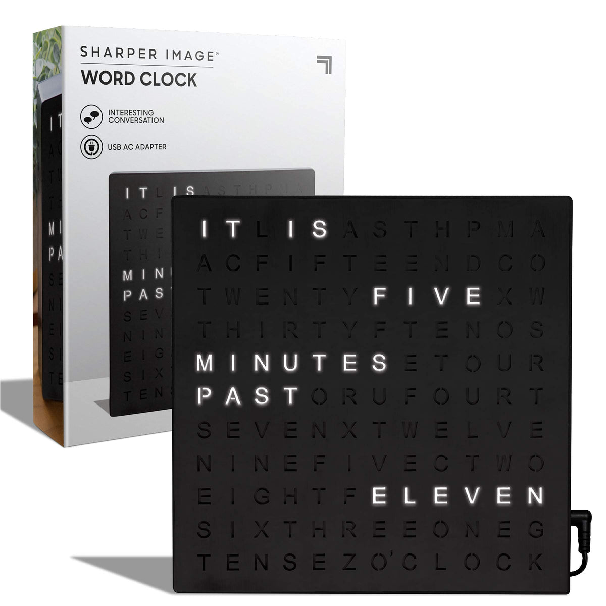 Sharper Image vue de face de l'horloge LED en mots offrant un style moderne