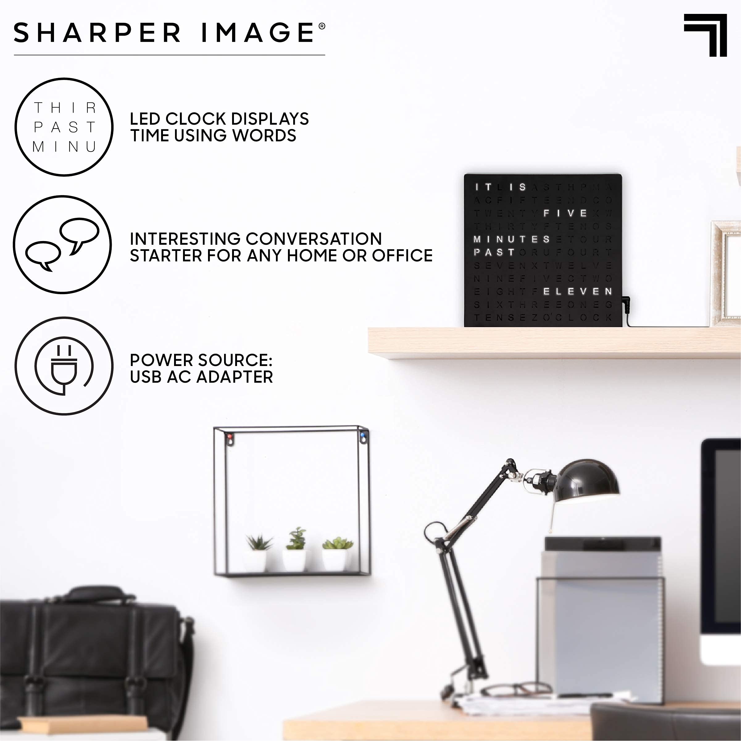 Sharper Image horloge fixée au mur illustrant une installation propre et gain d'espace