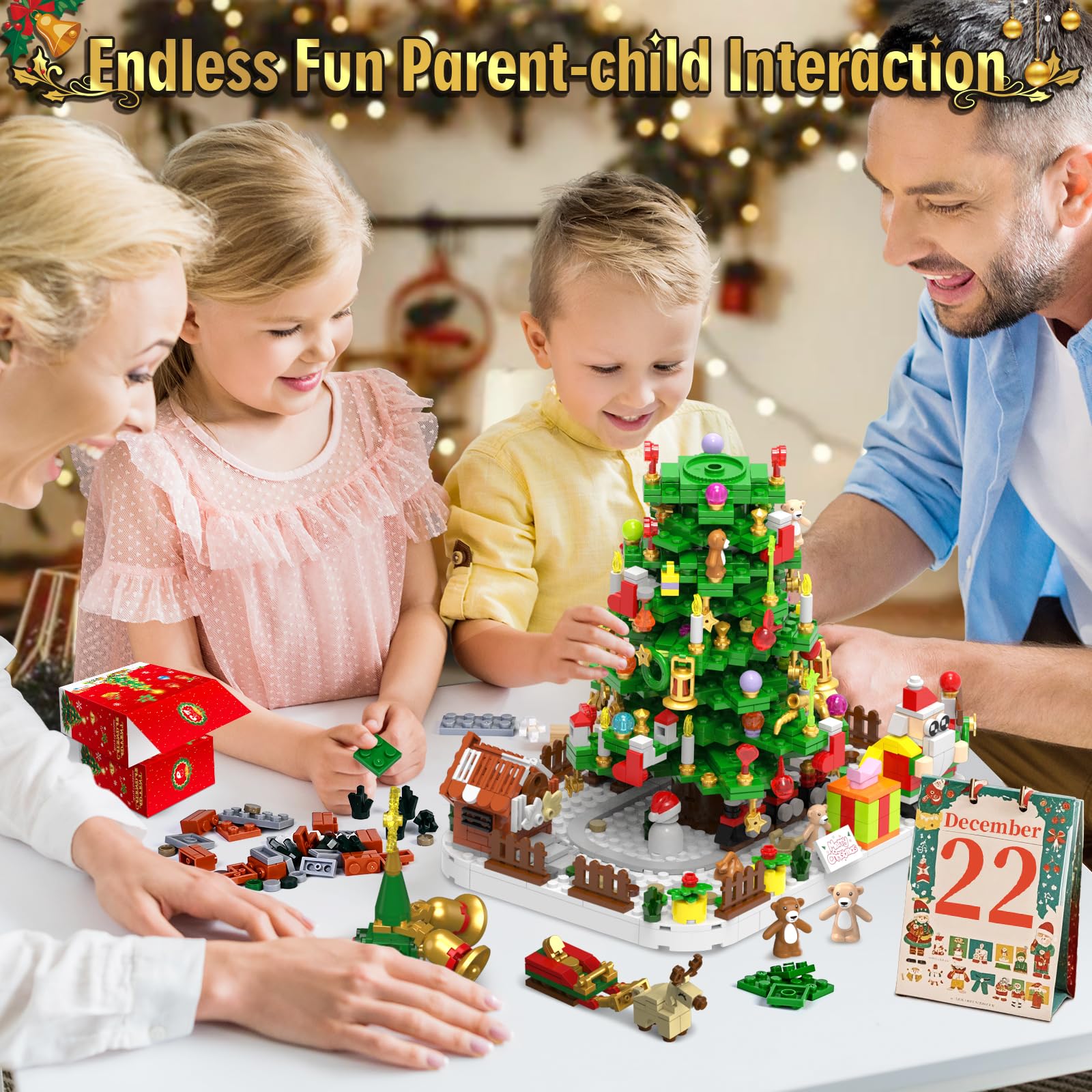 Shemira enfants et parents assemblant le sapin pour moment convivial