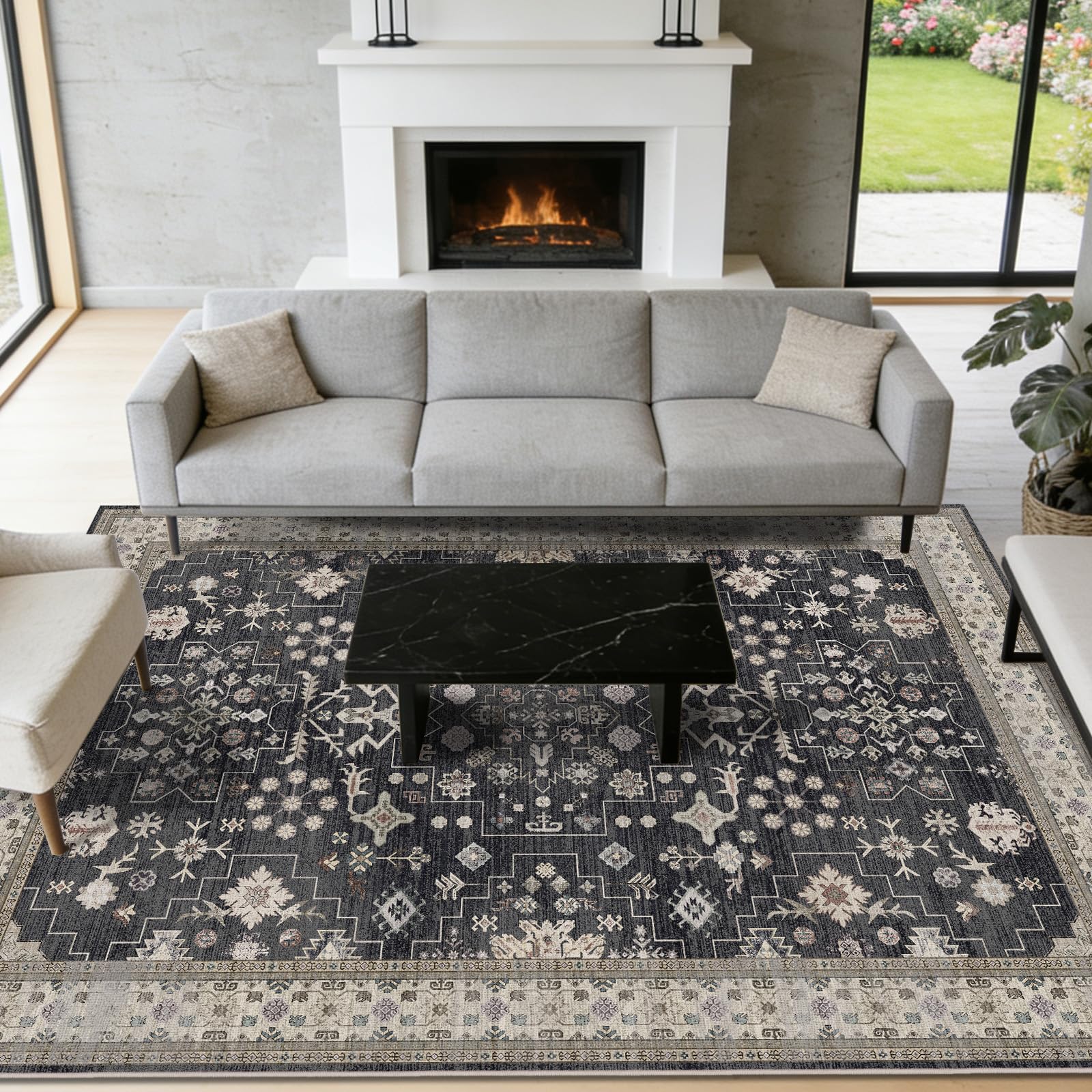 shinefly vue recto du tapis 5x7 montrant motif et palette chaleureuse