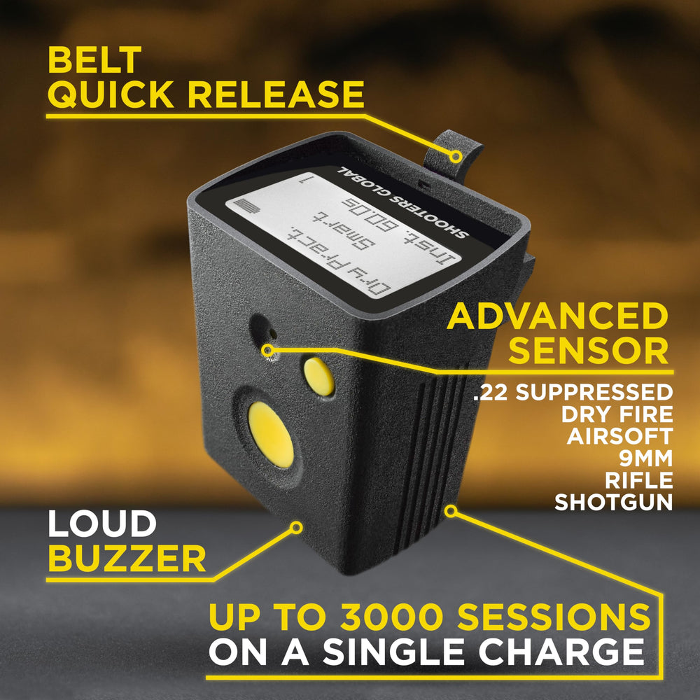 Shooters Global SG Timer GO écran en gros plan pour lecture rapide des temps