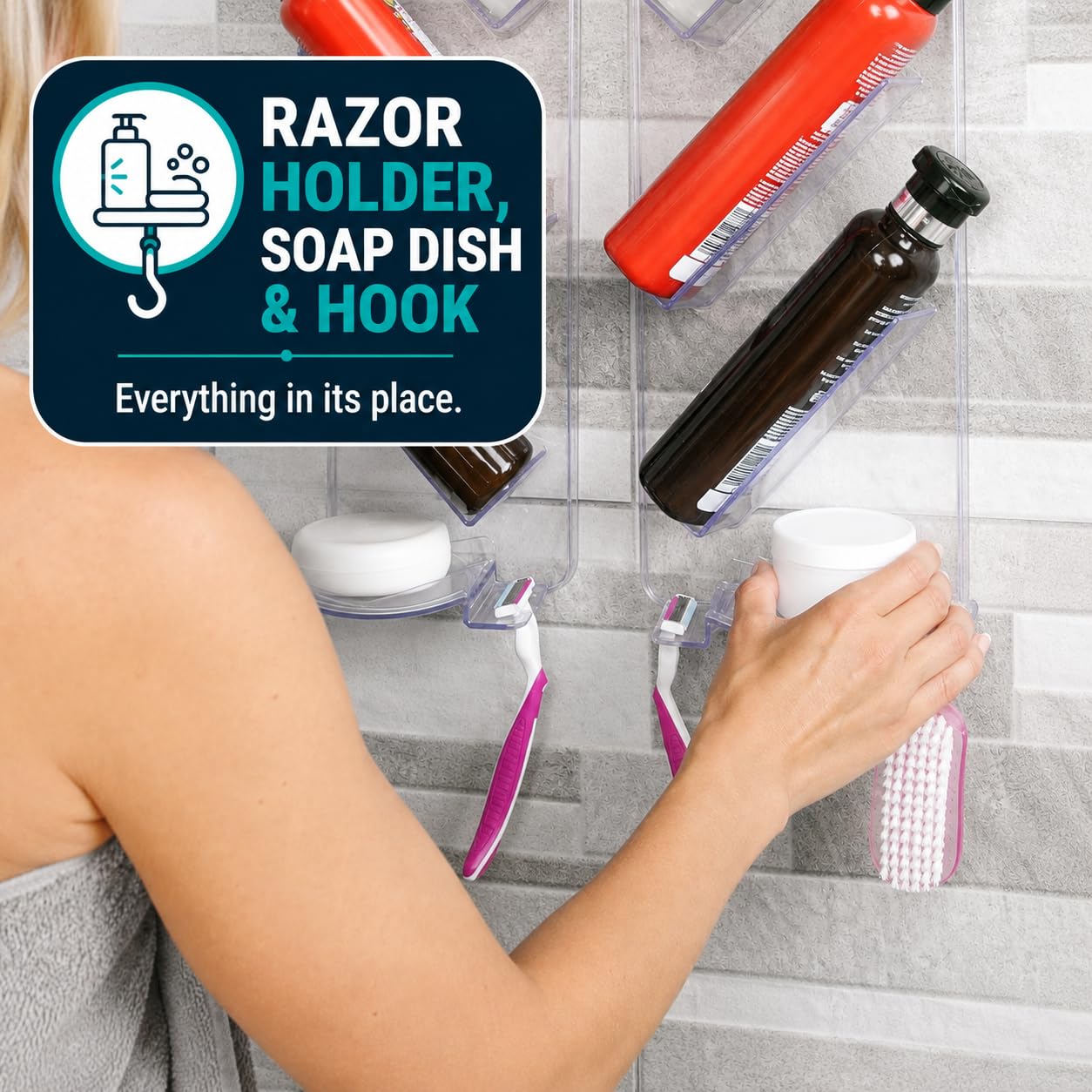 ShowerGem porte-rasoirs et supports montrant rangement sécurisé des accessoires