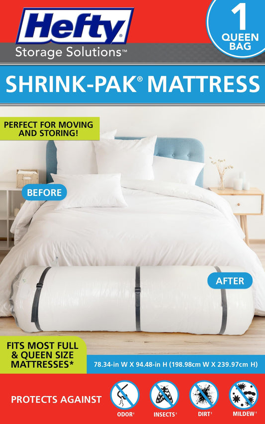Shrink-Pak face avant du sac montrant la taille Full/Queen et protection facile