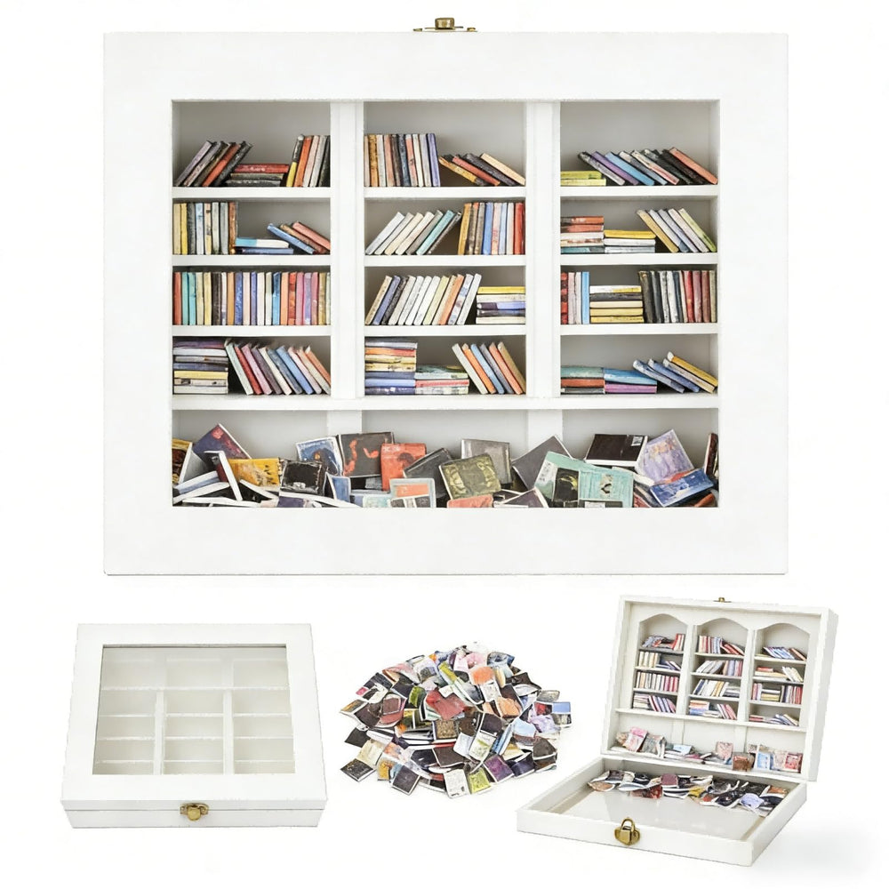 SIHPTO étagère mini face avant montrant 300 mini livres pour décoration apaisante