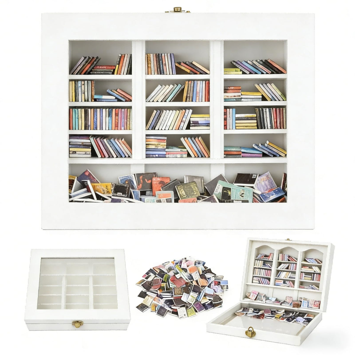 SIHPTO étagère mini face avant montrant 300 mini livres pour décoration apaisante