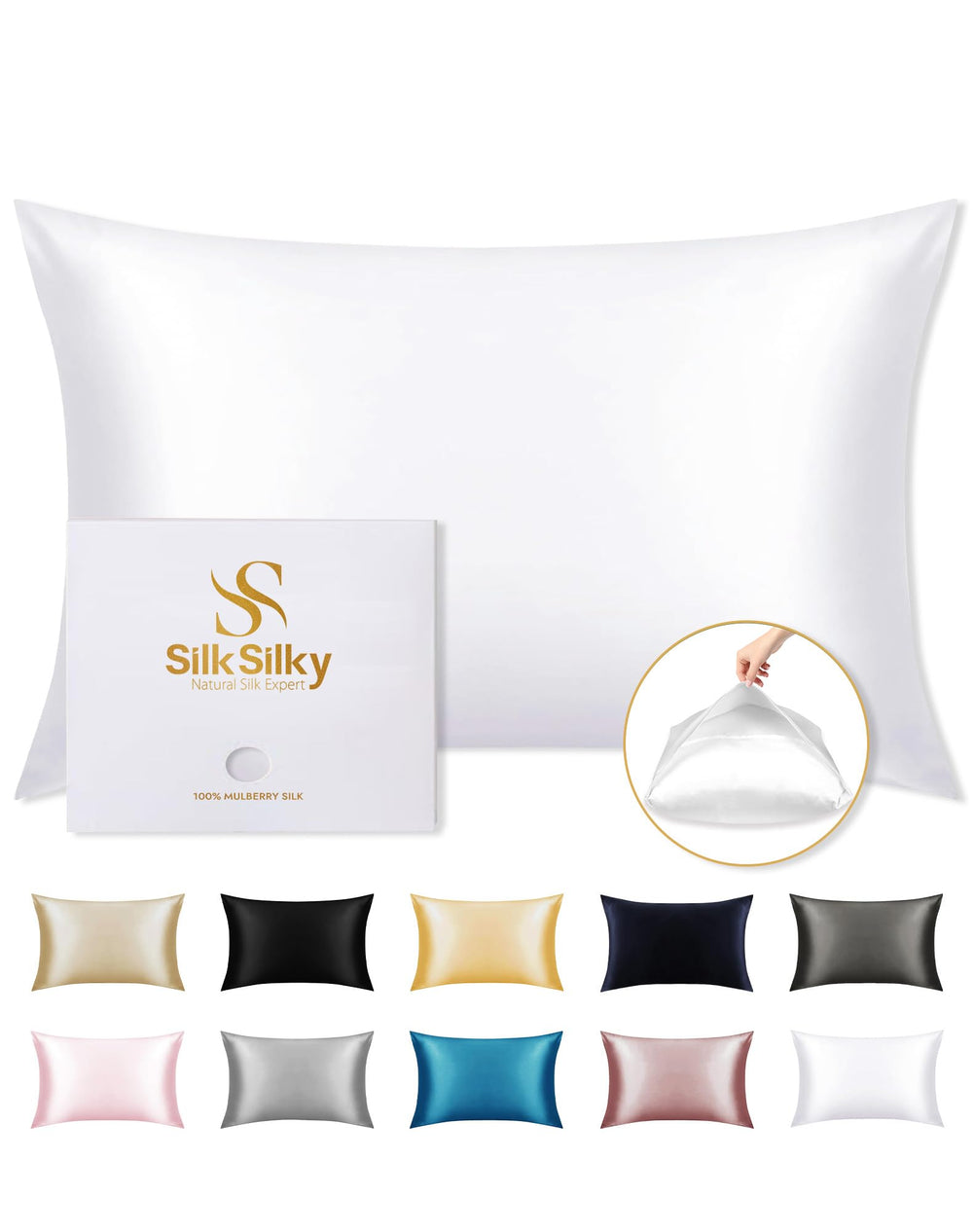 SilkSilky vue avant de la taie dans son emballage qualité 22 momme