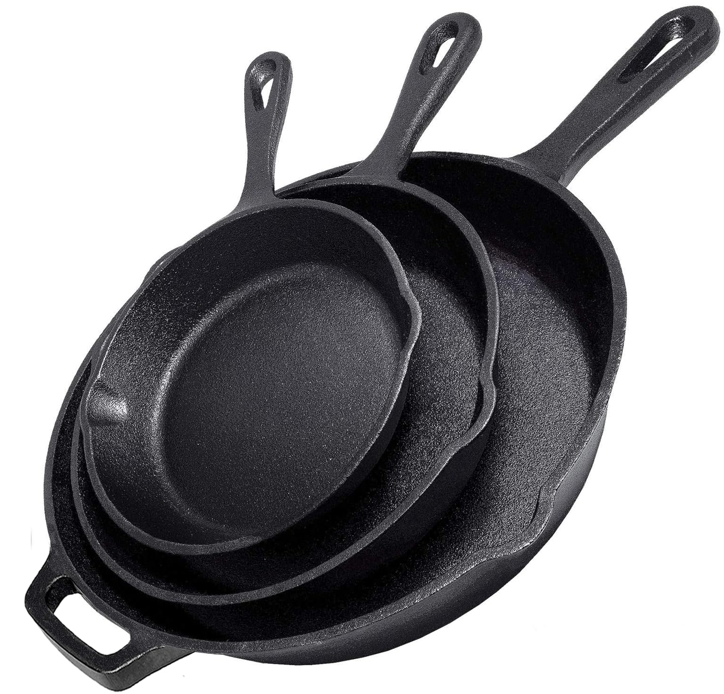 Simple Chef poêle fonte ensemble avant montrant les trois tailles et finition prête à l'emploi