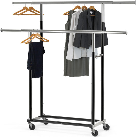 Simple Houseware vue avant du portant double tringle, gain d'espace visible