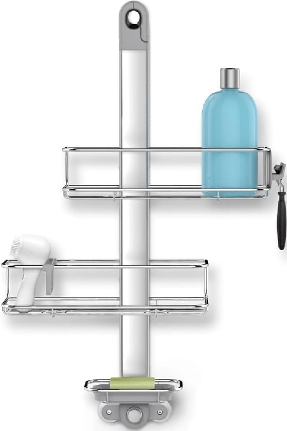 simplehuman face avant du panier de douche montrant rangement organisé et gain de place