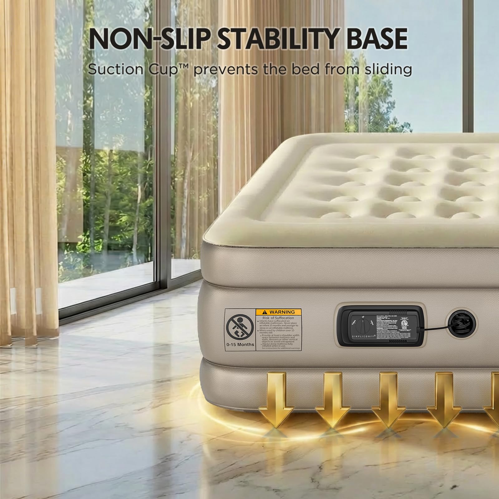 Simpli Comfy base Sure-Grip montrée adhérant au sol pour stabilité maximale