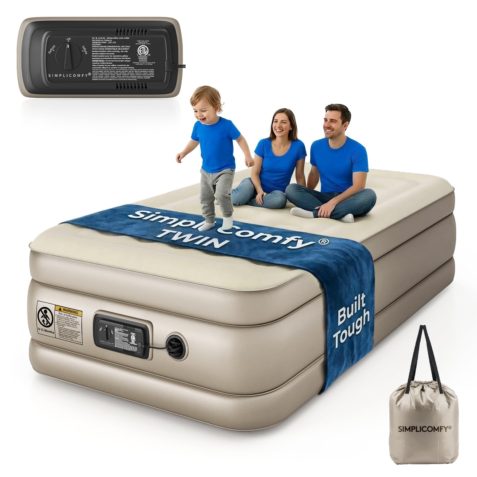 Simpli Comfy matelas gonflable face avant montrant hauteur et finition, confort immédiat