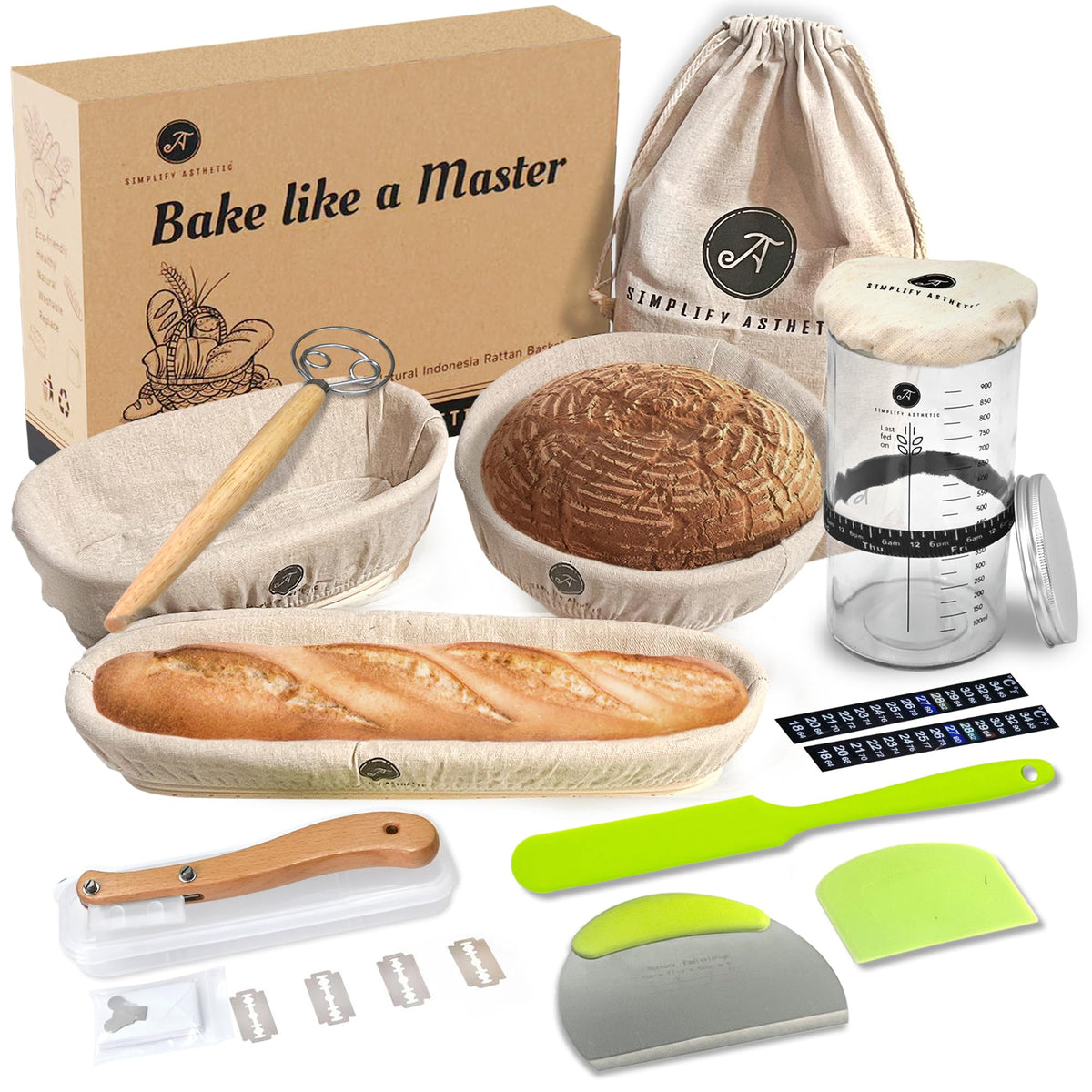 SIMPLIFY ASTHETIC vue d'ensemble du kit complet pour pain au levain, organise la préparation