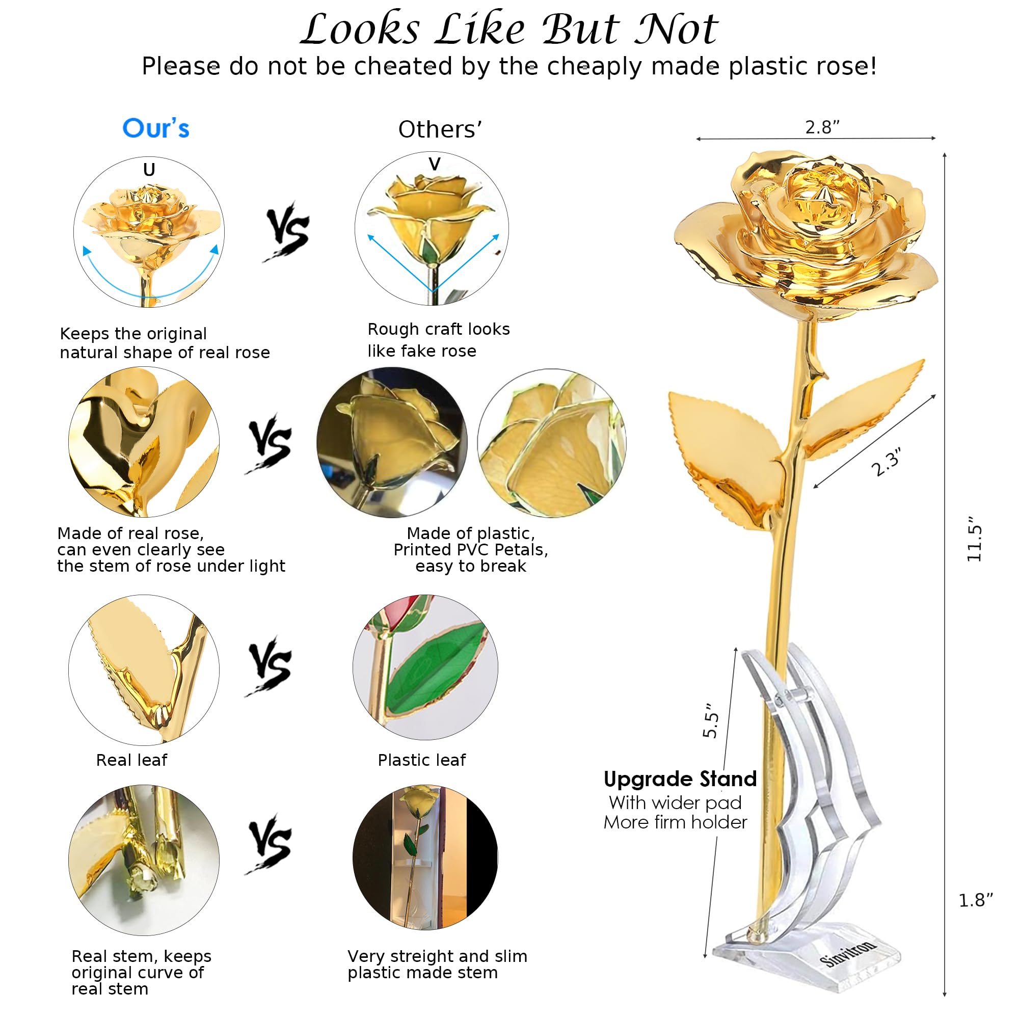 Sinvitron détail tige et feuilles dorées, finition luxueuse et durable