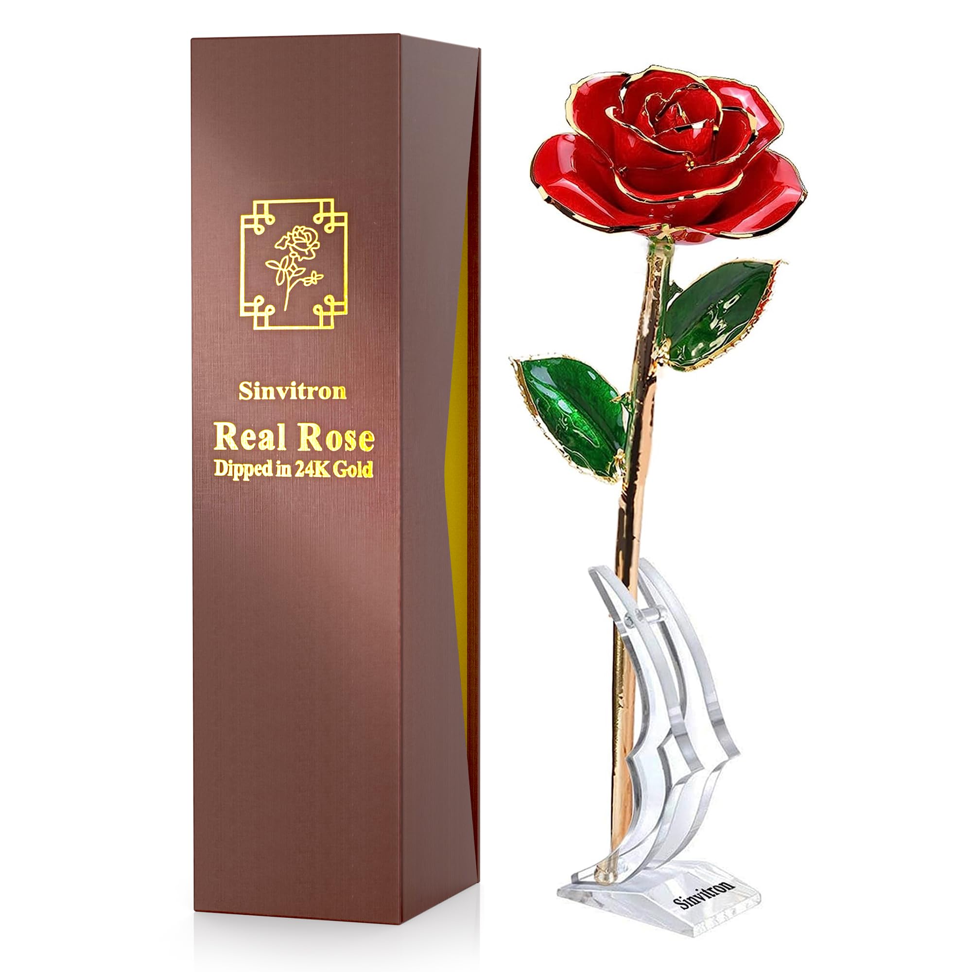 Sinvitron rose plaquée or 24K en présentation, cadeau élégant durable