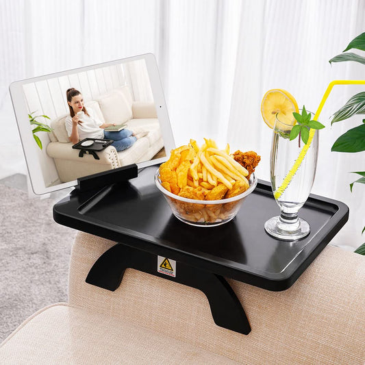 SINWANT tablette d'accoudoir face avant montrant plateau spacieux et finition bambou