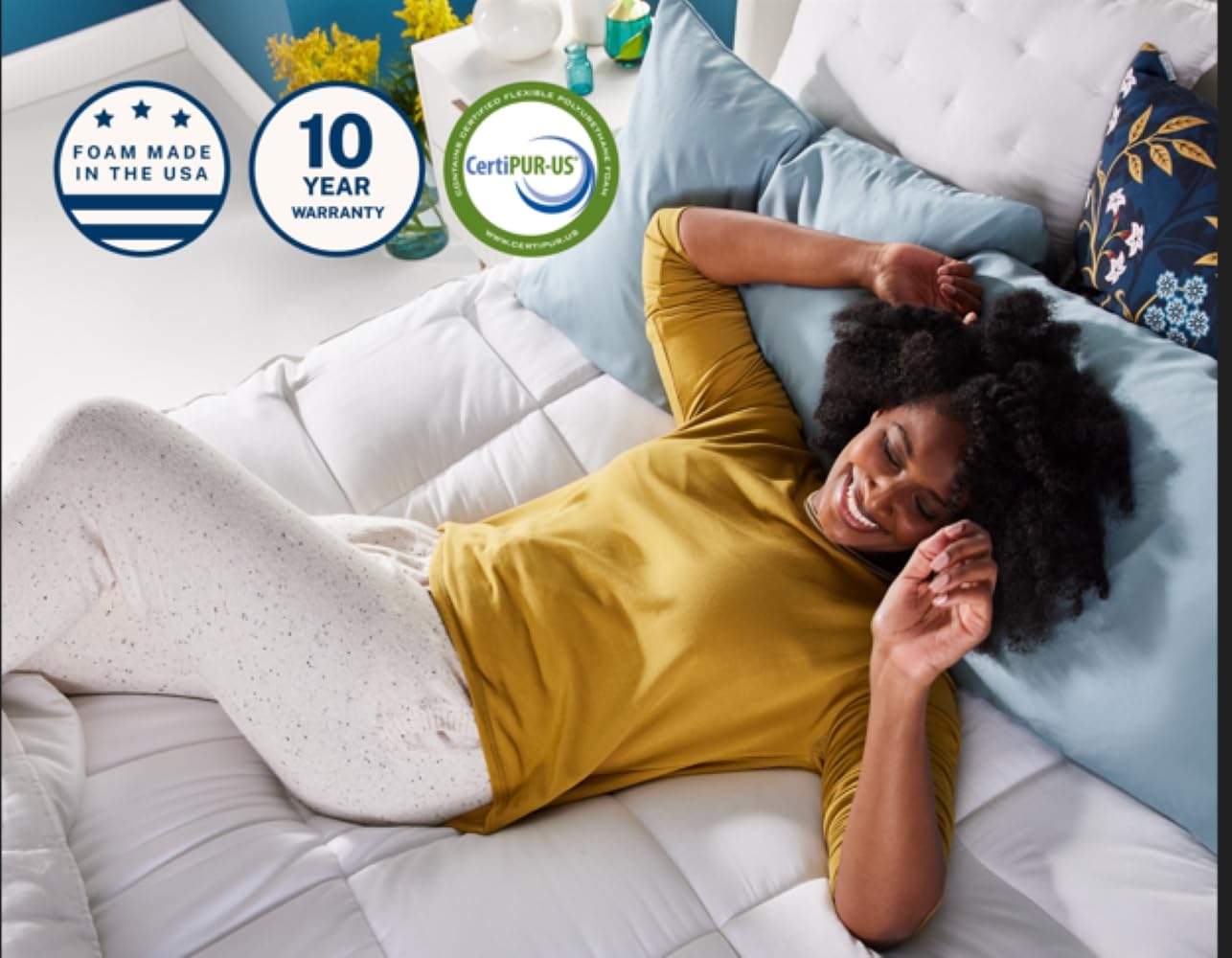 Sleep Innovations étiquette CertiPUR-US visible, mousse certifiée et hypoallergénique