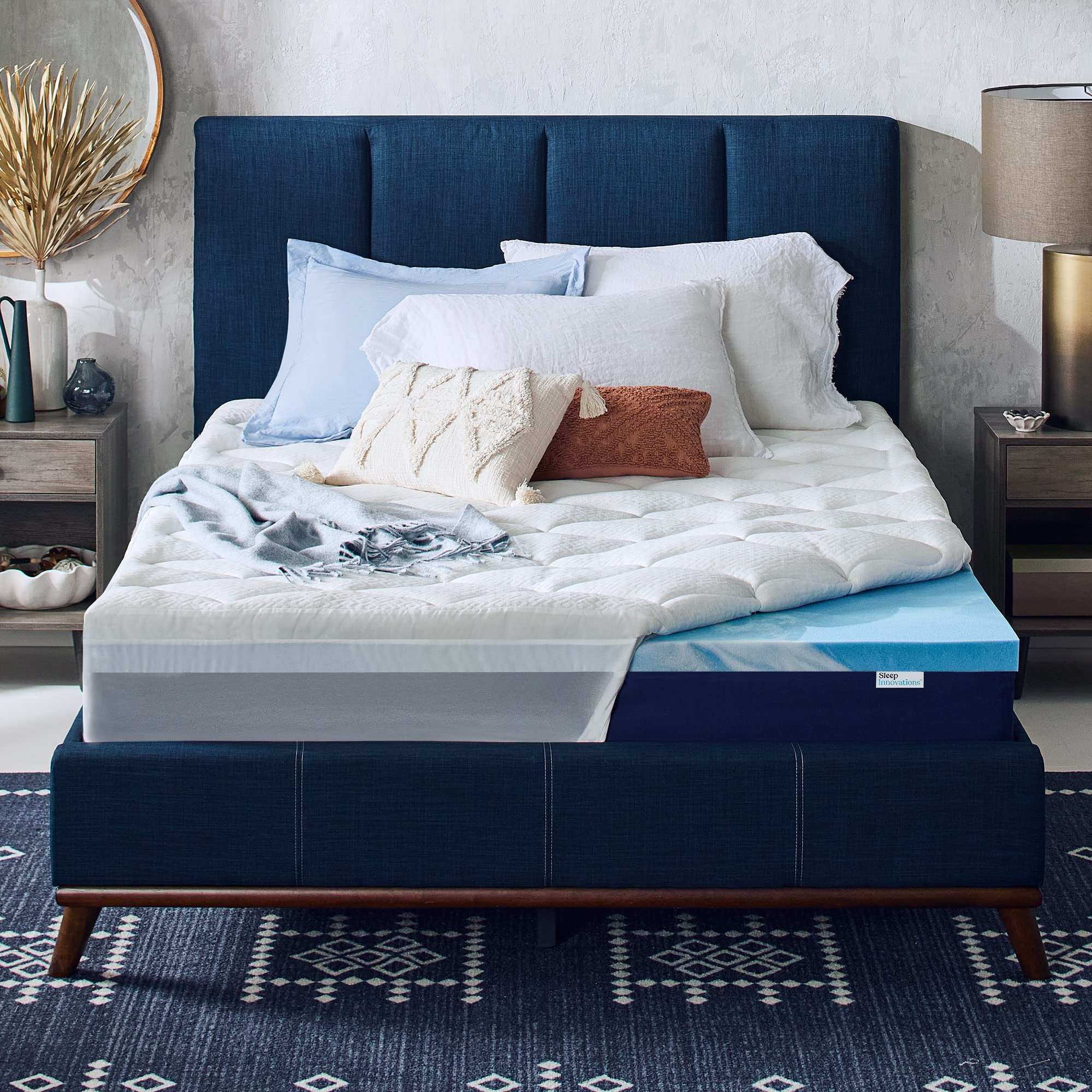 Sleep Innovations vue avant du surmatelas et emballage, améliore instantanément le confort