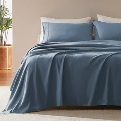 SLEEP ZONE ensemble de draps Flint Blue montrant l'ensemble complet et esthétique
