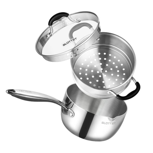 SLOTTET vue avant de la casserole tri-ply montrant design robuste et finition brillante