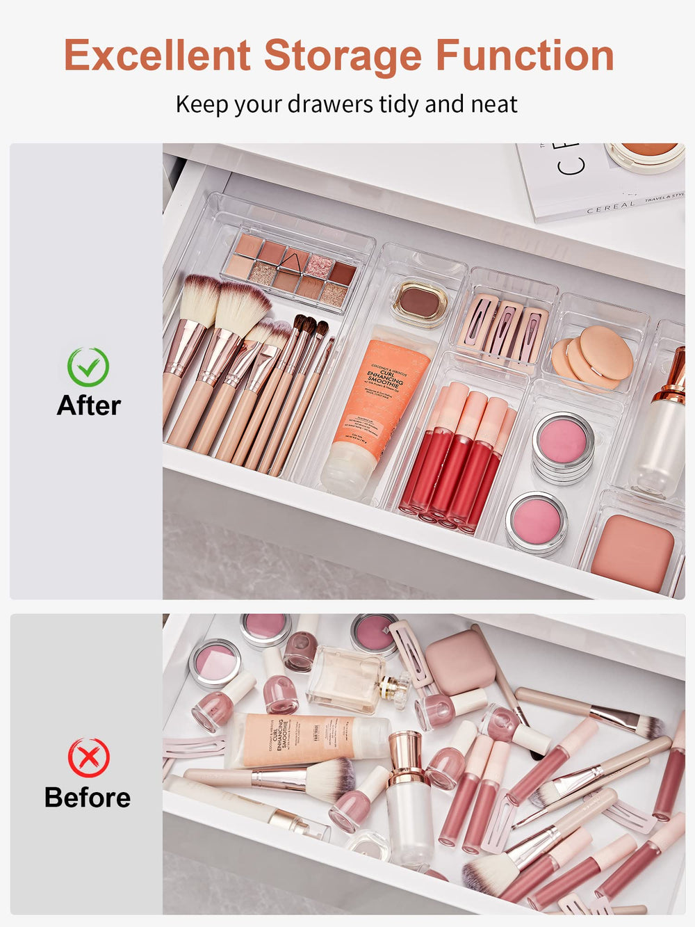 SMARTAKE bac installé dans une commode avec cosmétiques pour accès rapide