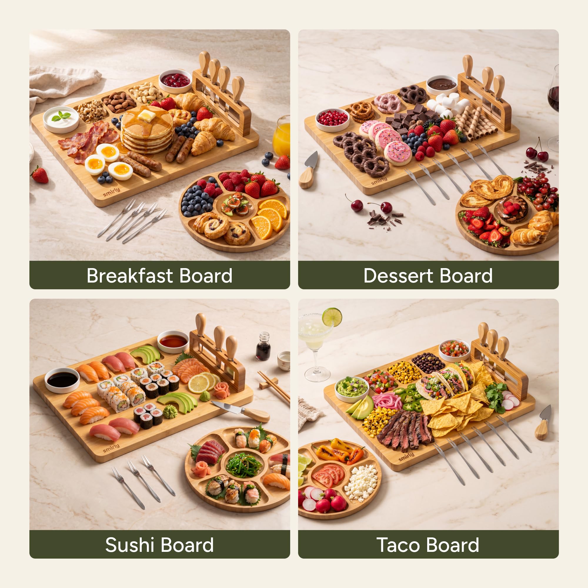 SMIRLY plateau rond assorti posé à côté de la grande planche pratique