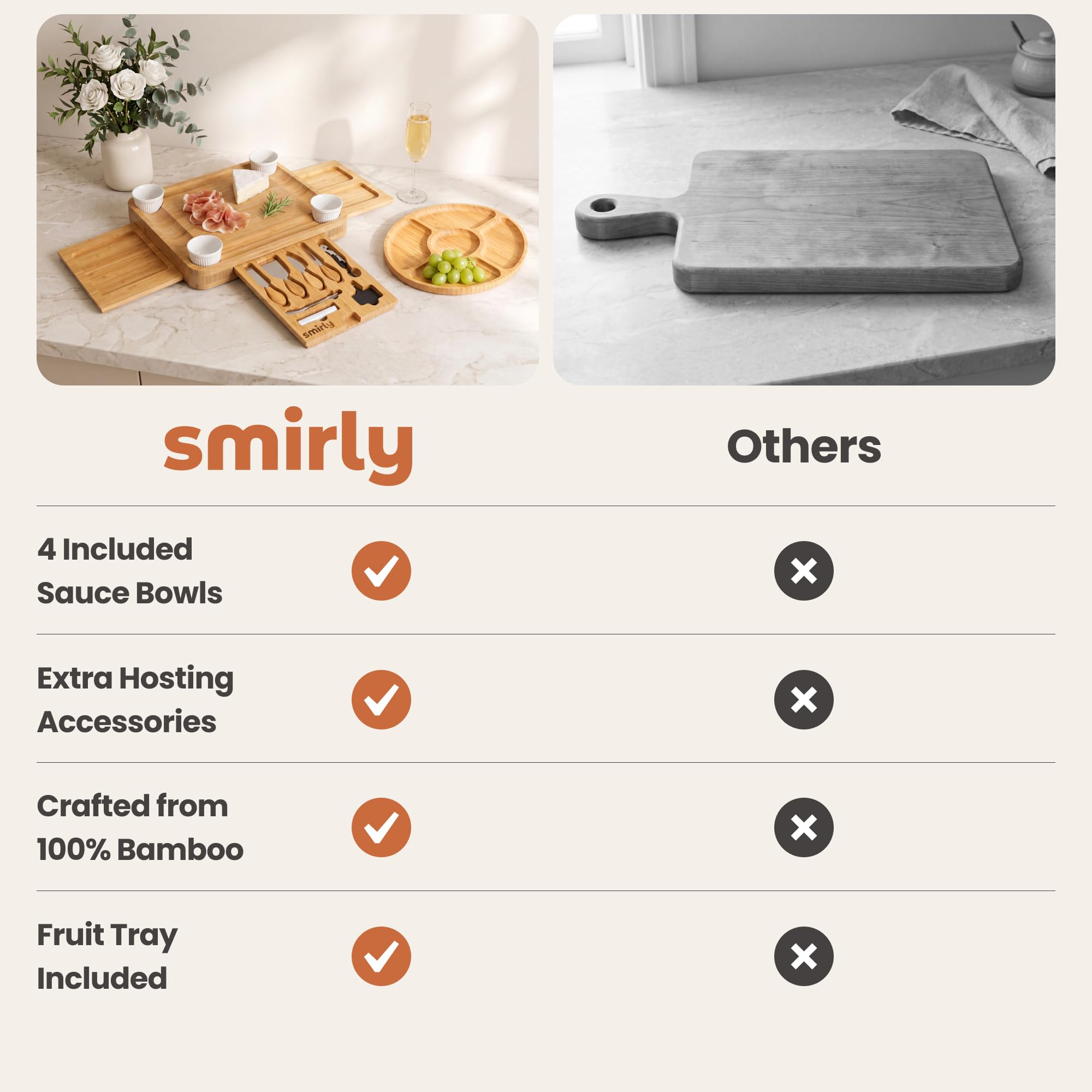 SMIRLY vue trois côtés illustrant compartiments pour fromages et charcuterie
