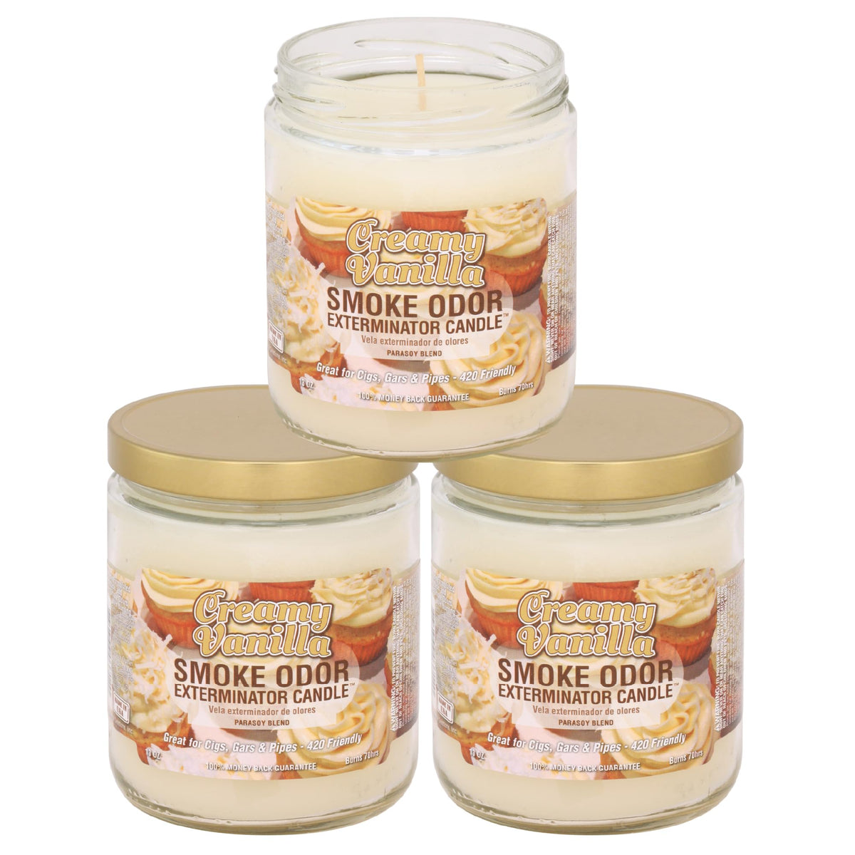 Smoke Odor Exterminator bougie Creamy Vanilla face neutralise odeurs et parfume pièce