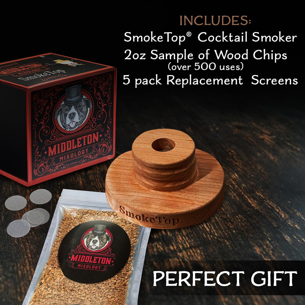 SmokeTop et sachet de copeaux indiquant les saveurs incluses et usage
