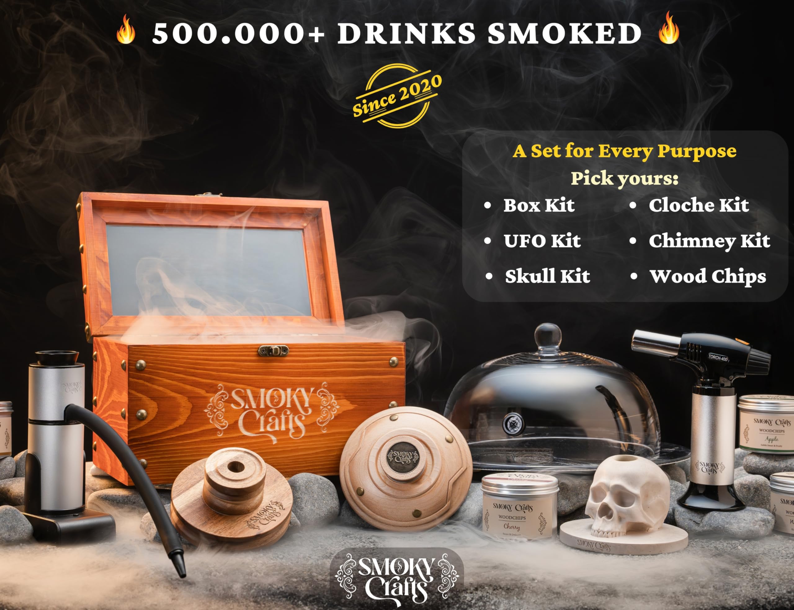 Smoky Crafts scène de bar avec cocktails fumés pour présentation conviviale
