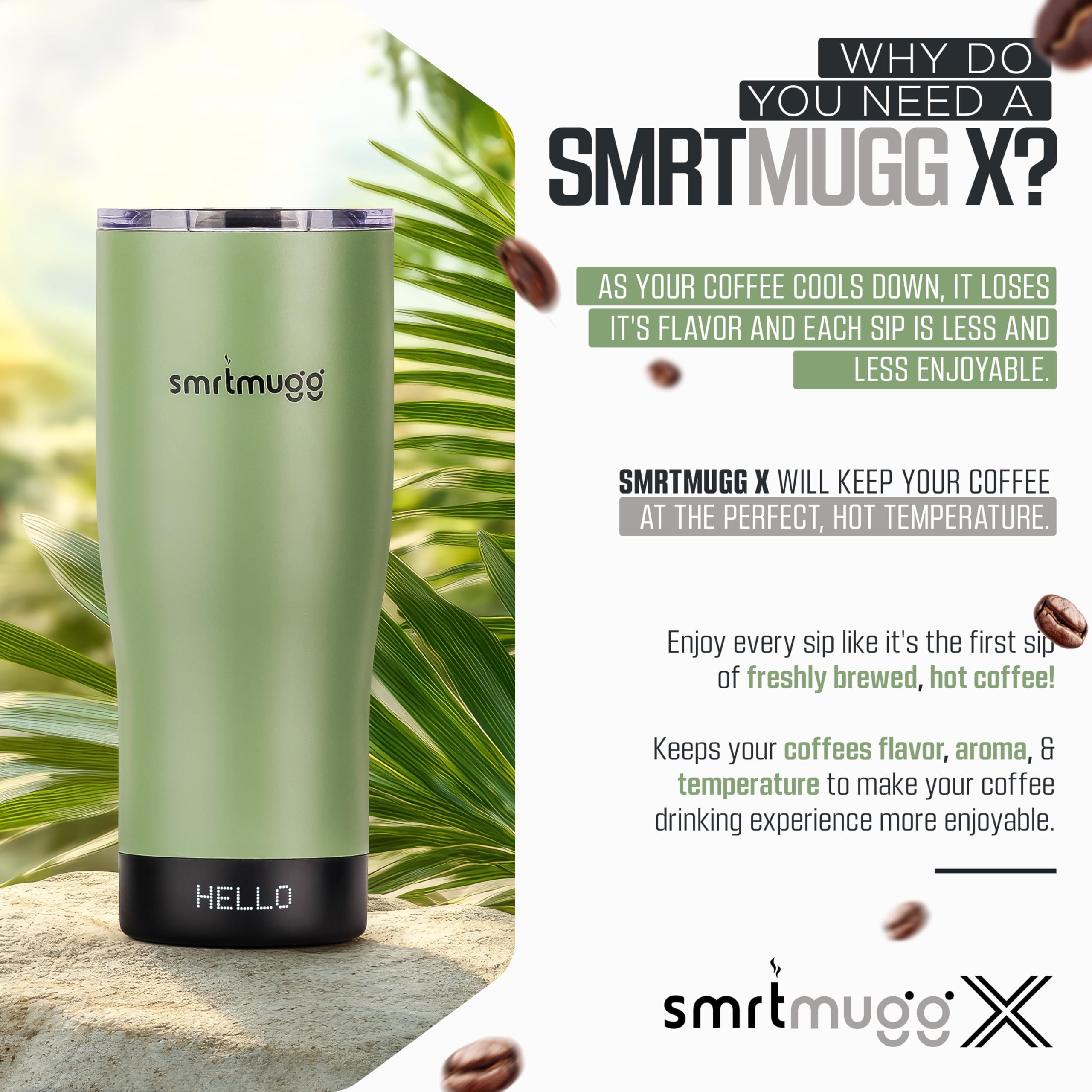 SmrtMugg X tenue à la main pour comparaison d'échelle et maniabilité