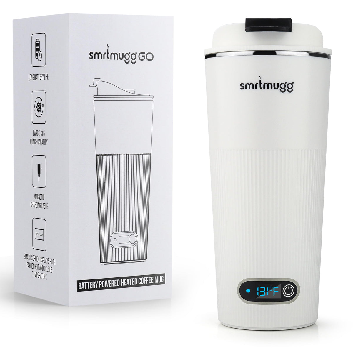 SmrtMugg image de face montrant design blanc et ergonomie