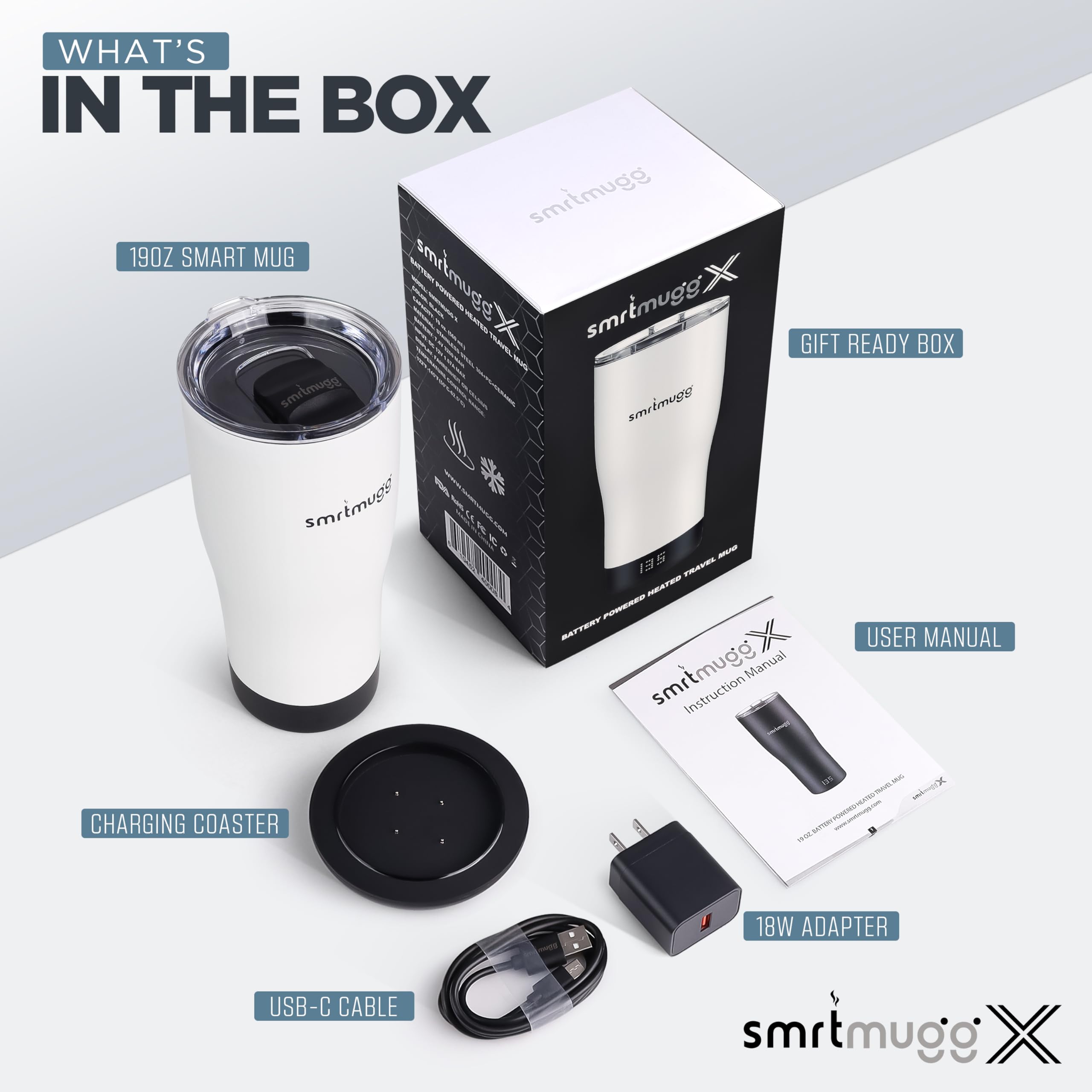 SmrtMugg X écran LCD gros plan affichant température et batterie