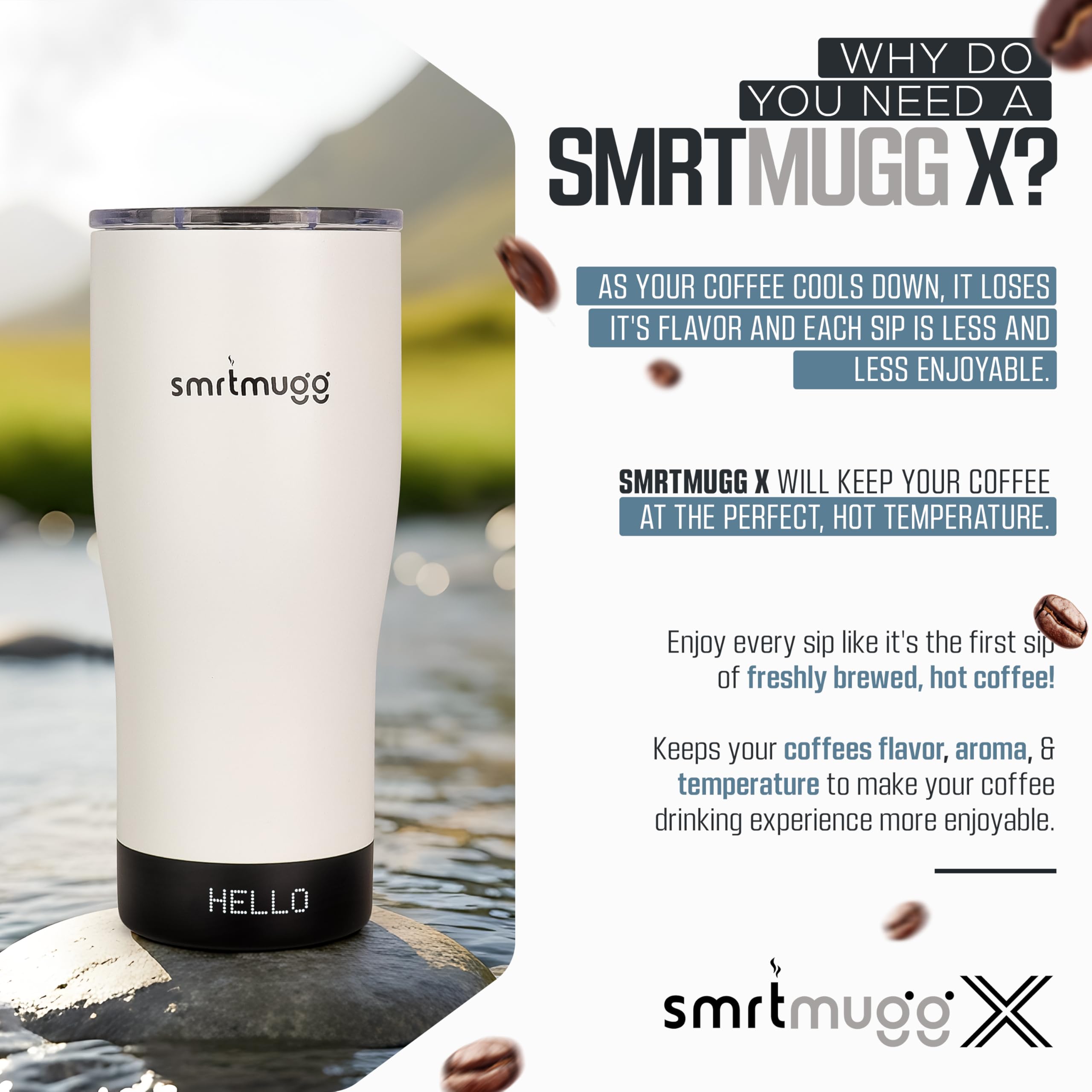 SmrtMugg X intérieur et bec illustrant nettoyage et versement facile