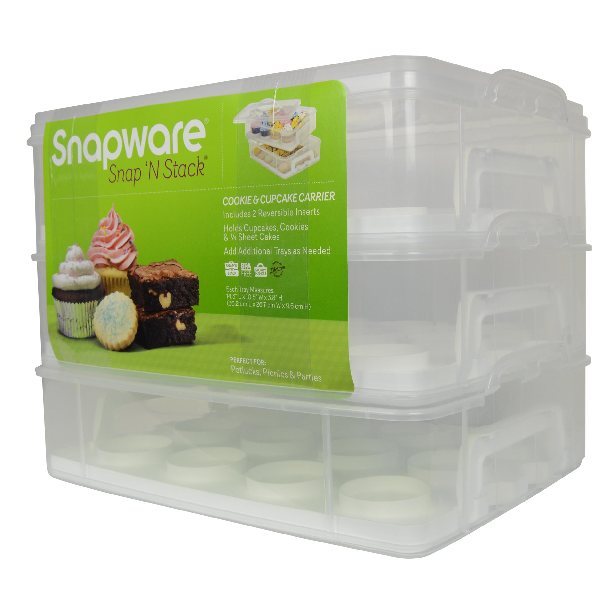Snapware porte-desserts ouvert avec gâteau quart-feuille prêt à transporter
