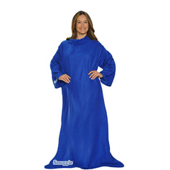 Snuggie face avant bleue montrant coupe et confort, facilite relaxation