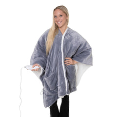 Snuggie face avant poncho gris montrant boutons-pression et coupe confortable