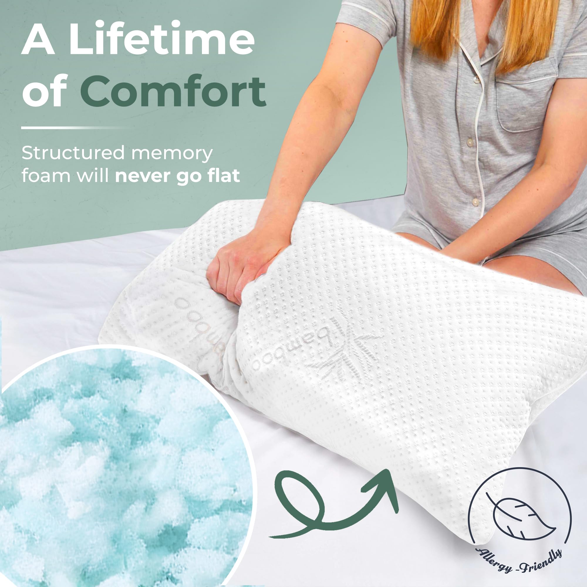 Snuggle-Pedic oreiller posé sur lit king, ambiance reposante et maintien