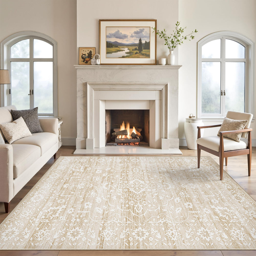 Soalmost face avant du tapis beige montrant design neutre et convivialité